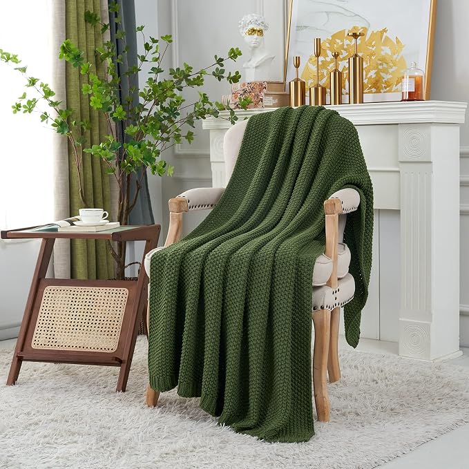 Chunky Cable Knit Throw Blanket Lightweight Olive Green 100% Organic Cotton Blanket for Sofa Couch Bed Baby Nursery, Rustic Shabby Chic Modern Farmhouse, 60” x 80” Give Laundering Bag