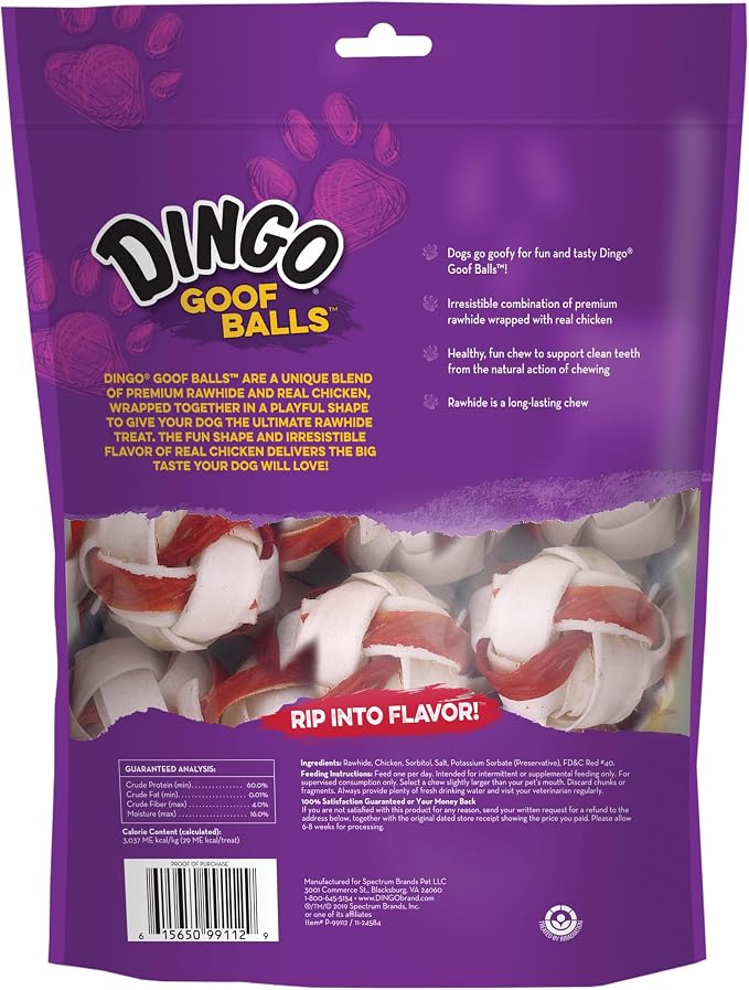 Dingo Goof Balls Rawhide Treats For Small Dogs, With Real Chicken, 18 Ct | Long-Lasting Rawhide Chew Wrapped With Real Chicken, Natural Chewing Action Promotes Clean Teeth, For Adult Dogs