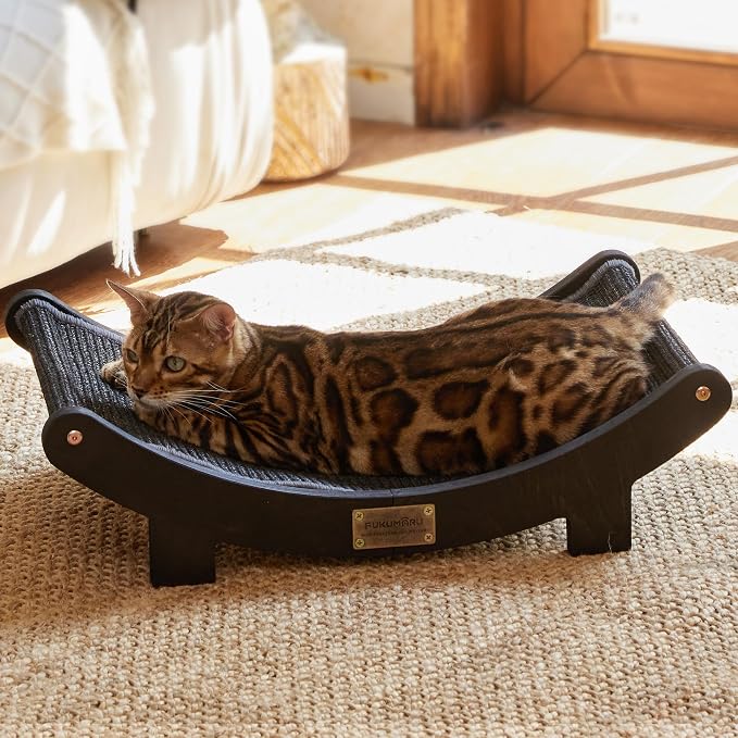FUKUMARU Sisal Cat Scratcher Bed, Solid Wood Cat Hammock for Indoor Cats | 23.6 Inch Durable Scratching Bed, Large Cat Scratch Pad, Natural Sisal Hammock, Cat Lounger Scratcher for Sleeping (Black)