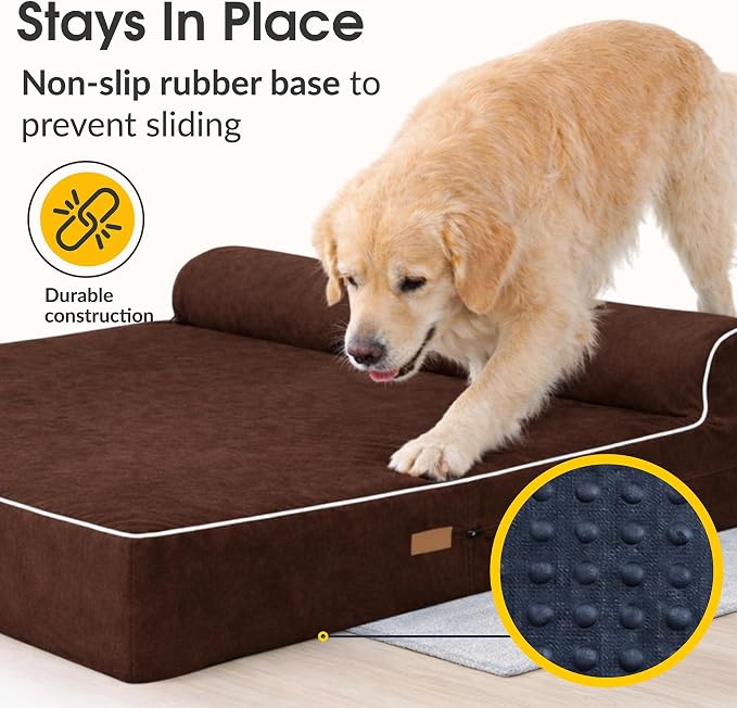 Orthopedic Memory Foam Dog Bed 7" Inch Thick Extra Large Dog Bed With Pillow Brown 50"x34"x10" Includes Waterproof Liner & Durable Removable Cover With Smart Design