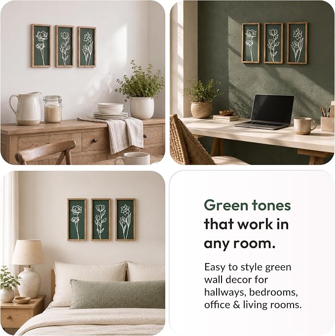Tide and Tales 3d Green Wall Art, Wooden Botanical Wall Decor, Set of 3 | 7" x 16", Lightweight, Framed Ready-to-Hang, Bathroom Wall Decor, Bedroom, Living Room, Office, Farmhouse, Gift-Boxed