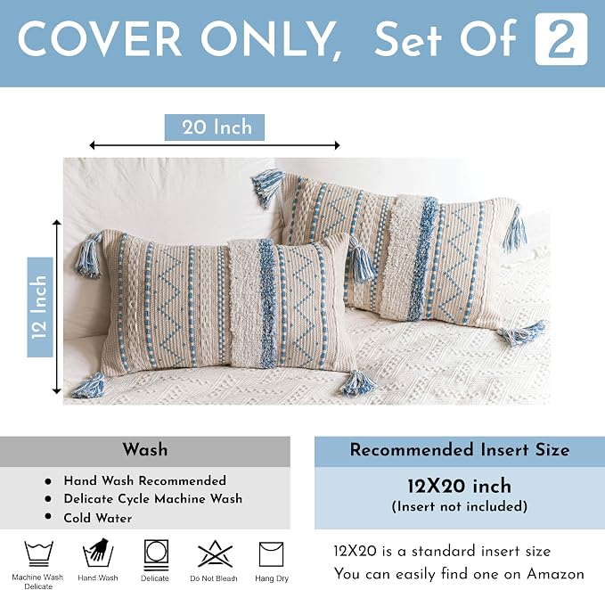 Decorative Lumbar Throw Pillow Covers 12x20 Combo Set of 2 Rectangular Coastal Blue Boho Accent Pillowcase Neutral Farmhouse Cushion for Couch Sofa Bedroom Living Home Décor Cover ONLY