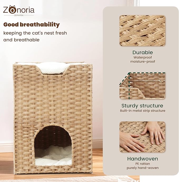 Safety Triple-Layer Cat House for Indoor Cats - Hand-Woven Rattan Cat Cave with 2 Hideaways & 3 Soft Pads - Foldable & Sturdy Cat Condo Furniture for Multiple Cats & Small Pets, Easy Assembly