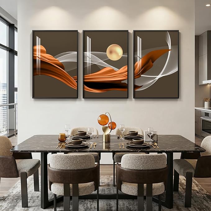 3 Piece Large Framed Modern Wall Art for Living Room, Abstract Brown Luxury Artwork for Walls, Contemporary Minimalist Line Pictures Prints Paintings for Dining Room Office Wall Decor 24x36 Inch