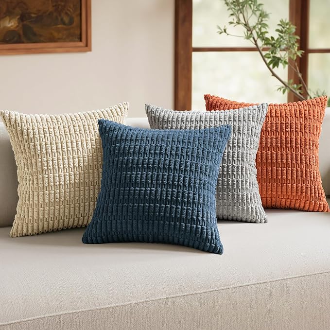 MIULEE Pack of 4 Corduroy Throw Pillow Covers 18x18 Inch Blue and Orange | Boho Farmhouse Modern Retro Soft Striped Pillow Covers,Home Decor for Sofa Living Room,Couch,Bed