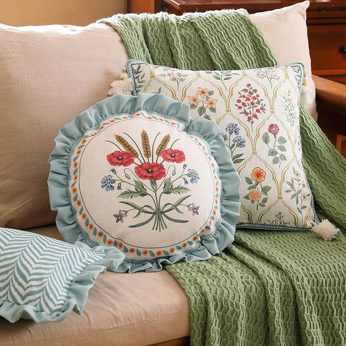 Vintage Linen Throw Pillow Cover,Set of 2,Diameter 16"-Serenity C | Designer Elegant Round Pillow Cover,Concealed Zipper Design,Floral Pattern,Sofa,Bedroom,Living Room,Lounge Chairs