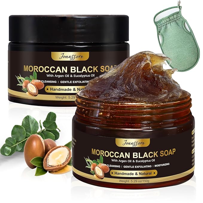 2 Pack Moroccan Black Soap Hammam, Morocco Body Scrub with Exfoliating Glove, Exfoliating Body Cleanser, Argan Oil & Eucalyptus – Deep Cleansing, Softens Skin