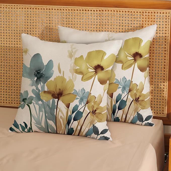 Spring Floral Pillow Covers 18x18 Inch Set of 2 Blue Yellow Floral Throw Pillow Cover Outdoor Modern Summer Flower Decoration Pillowcase Farmhouse Decorative Linen Cushion Cover For Sofa Couch