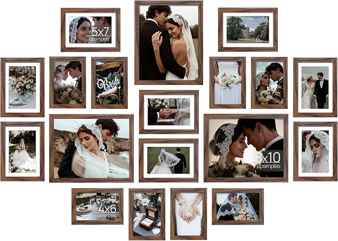 upsimples Picture Frames set of 19, Including 8x10, 5x7, 4x6 Brown Frame | Multi Picture Frames Collage Wall Decor, Gallery Wall Frame Set, Gift For Christmas, Mothers' day, Wedding, Dorm, Living Room