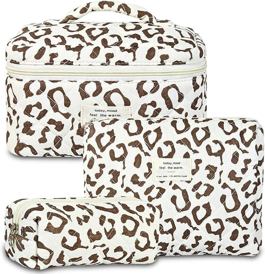 GISMTR 3Pcs Makeup Bag Cotton Quilted Travel Cosmetic Bag Cute Floral Makeup Pouch Large Toiletry Bag for Women Girls
