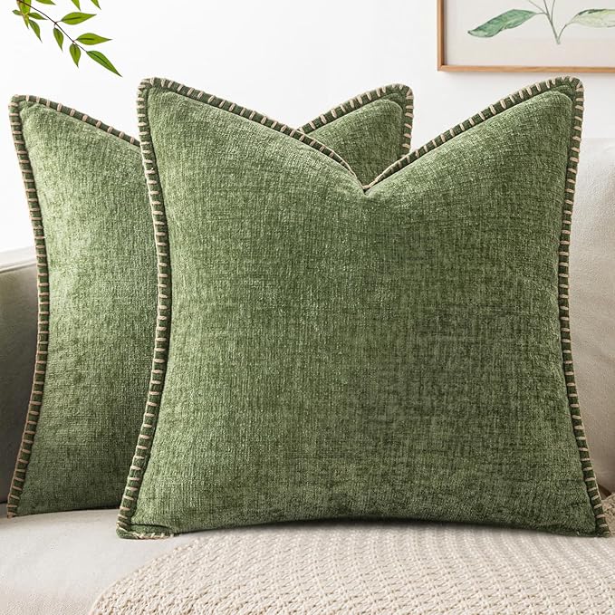 MIULEE Decorative Couch Throw Pillow Covers 20x20 Inch Sage Green 2 Pack | Farmhouse Pillow Covers with Stitched Edge, Soft Chenille Cushion Cases, for Sofa Bed Living Room Home Decor