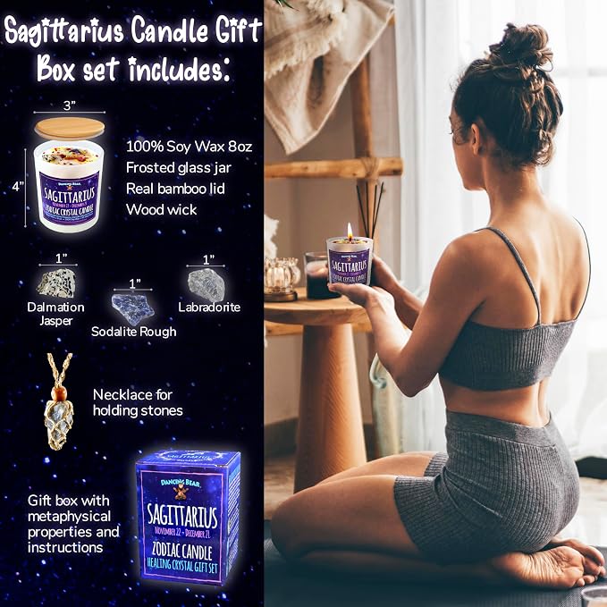 DANCING BEAR Sagittarius Zodiac Candle Gift Box Set with 3 Healing Crystals & Stone Holder Necklace, 100% Soy Scented Wax, Crackling Wood Wick, 45 Hour Burn Time