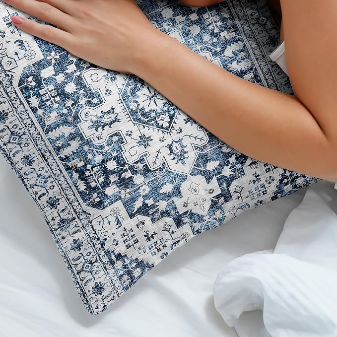 Boho Throw Pillow Covers 26x26 inch Set of 2,Soft Pillowcases Bohemia Carpet Printing Pattern Decorative Sofa Living Room Bed Square Pillow Case Cushion Cover-Blue White