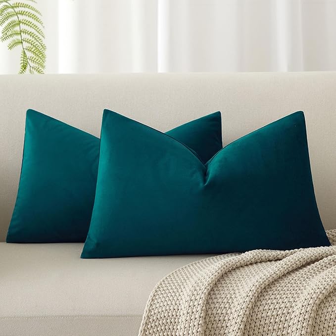 Peacock Blue 12x20 Decorative Lumbar Velvet Throw Pillow Covers Set of 2 | JUSPURBET Cozy Soft Couch Covers with Invisible Zipper for Modern Couch Sofa Bed Living Room Bedroom Home Decor