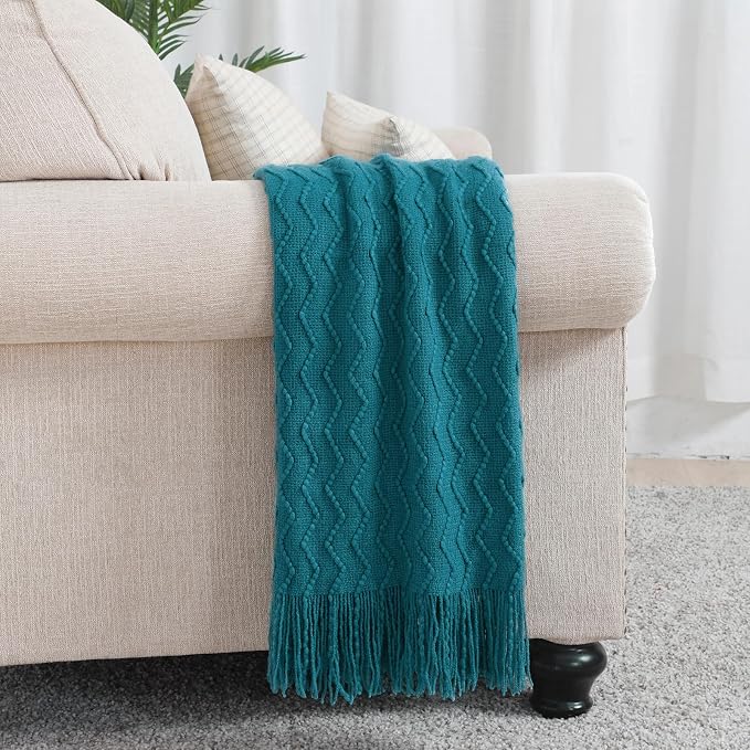 BOURINA Teal Throw Blanket 50x60 Inches Throw Textured Solid Soft Sofa Couch Decorative Knit Blanket