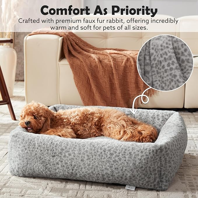 JOEJOY Dog Bed for Small Medium Dogs, Removable Washable Cover Orthopedic Soft Faux Rabbit Fur Pet Bed, Anti-Slip Fluffy Plush Puppy Bed, 25"x21"x7", Leopard Print, Grey