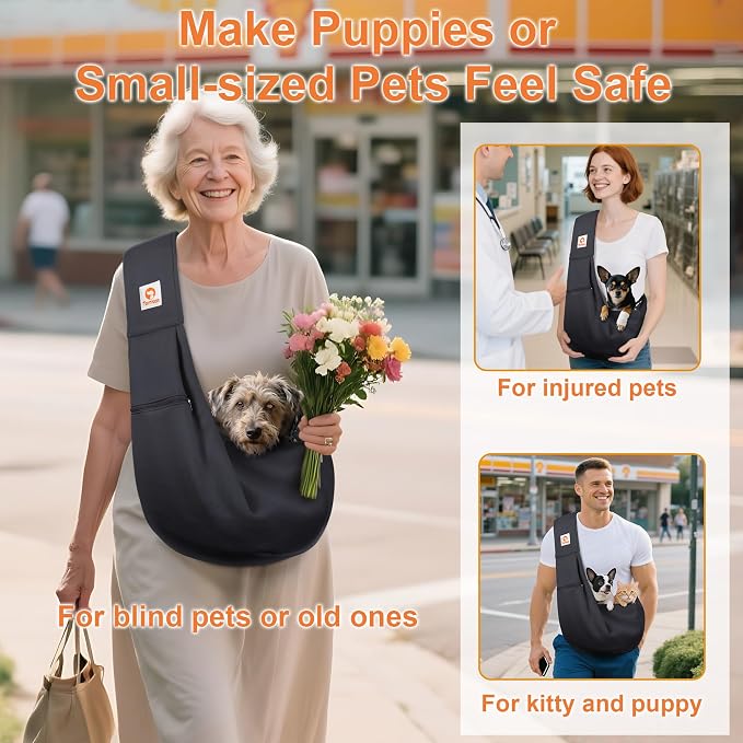 Tomkas Small Dog Cat Sling Carrier Puppy Purse Travel Wrap Soft Crossbody Pet Bag (Black, M - Zip Pocket & Classic Strap)