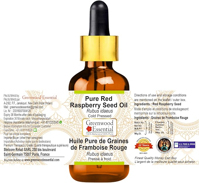 Greenwood Essential Pure Red Raspberry Seed Oil (Rubus idaeus) with Glass Dropper Cold Pressed 50ml (1.69 oz)