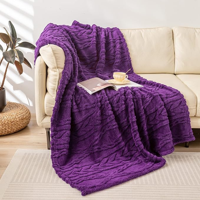 YUSOKI Sherpa Fleece Large Throw Blanket, Purple, 50"x65" | 3D Stylish Design,320GSM, Non-Shedding, Lightweight for All Season Use, stays fluffy after repeated washes, Perfect Gifts