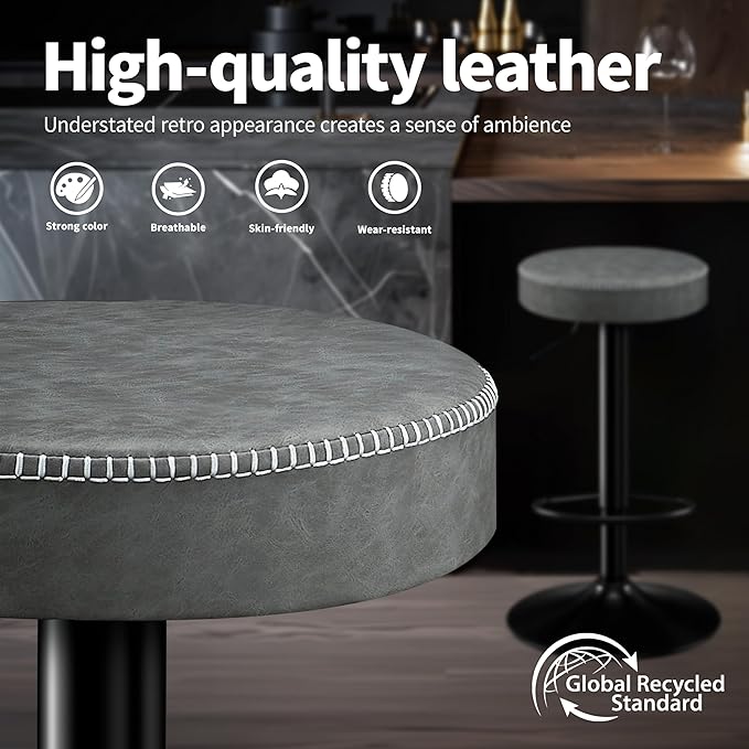 Adjustable Bar Stools Set of 2 Backless Kitchen Barstools with Round Seat 360° Swivel Counter Height Bar Stools Modern Microfiber Leather Bar Chairs for Dining Room Grey (24-33 Inch,330lbs)