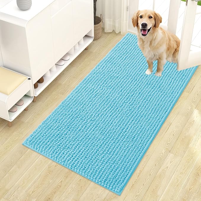 OLANLY Dog Door Mat for Muddy Paws 44x24, Ultra Absorbent Chenille Mud Doormat, Non-Slip Washable and Dirt Trapping Doormat for Indoor Entryway, Quick-Dry Indoor Pet Bed Mats for Dogs, Blue
