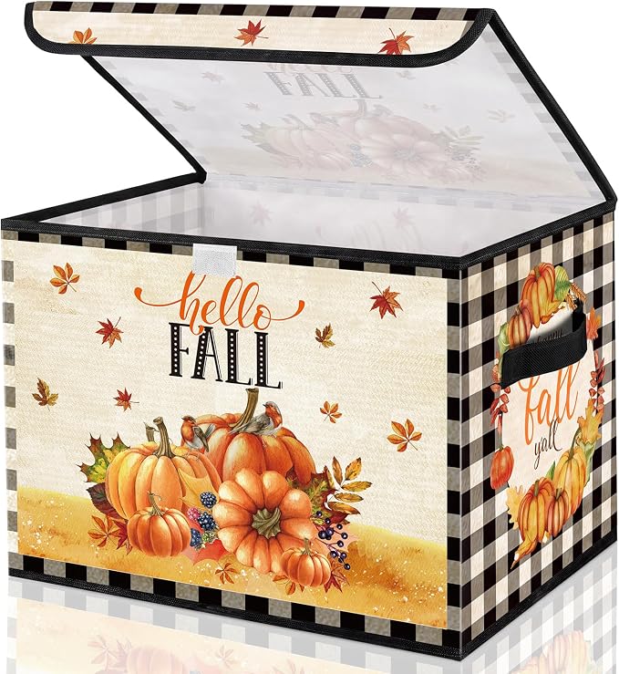 Briwooody Fall Pumpkin Storage Bin with Lid and Carrying Handle Pumpkin Foldable Storage Box Large Autumn Harvest Decorative Collapsible Container Basket for Organizing Closet Home Bedroom Fall Gifts