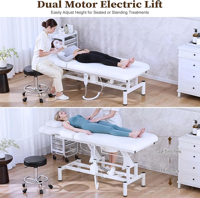 Olela 2 Motor Electric Massage Table, Professional Massage Table with Electric Adjustable Height & Backrest, Wide Treatment Tables with Metal Frame, PU Leather for Massage, Spa, Tattoo