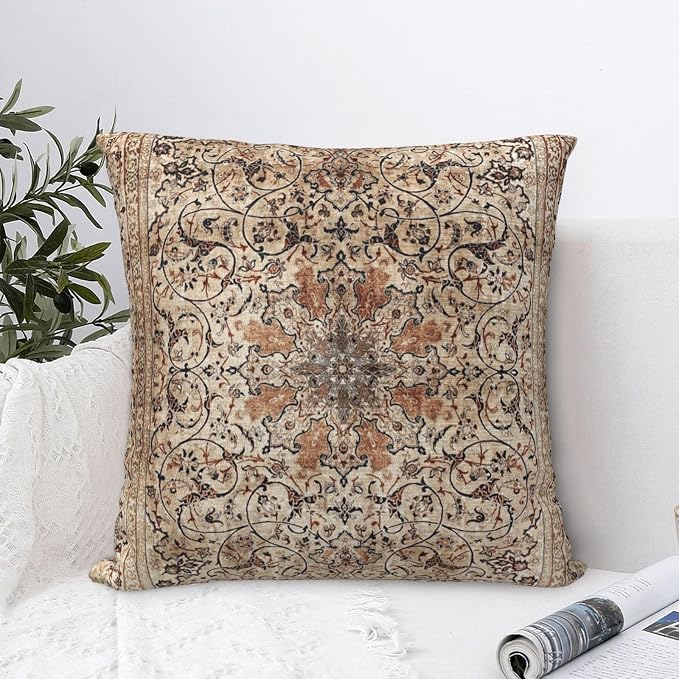 Silk Esfahan Persian Carpet Print Pillow Covers Decorative Square Throw Pillowcase 18x18 Inch Couch Cushion Cover for Home Decor Living Room Bedroom College Dorm Bed Car Sofa