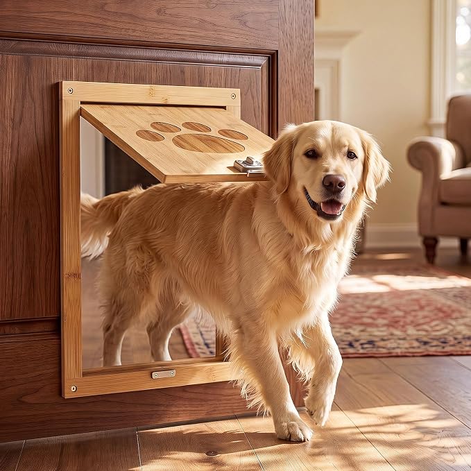 Sliner 16.5 x 12 Inch Large Dog Lockable Door for Pets to 100 lb, Vintage Wooden Doggy Door, Suitable for Interior and Exterior Doors