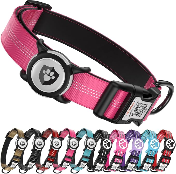 Waterproof AirTag Dog Collar with QR Code Dog Tag, Rose Red L | IP68 waterproof, QR code dog tag, Anti-Lost, Online profile, fits XS-L (8"-26"), Padded nylon, Reflective, No App, No Fees