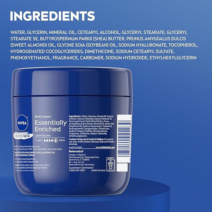 NIVEA Essentially Enriched Body Cream for Dry to Very Dry Skin with Hyaluronic Acid, Deep Nourishing Serum and Almond Oil, 72-Hour Body Moisturizer, 13.5 Oz Jar
