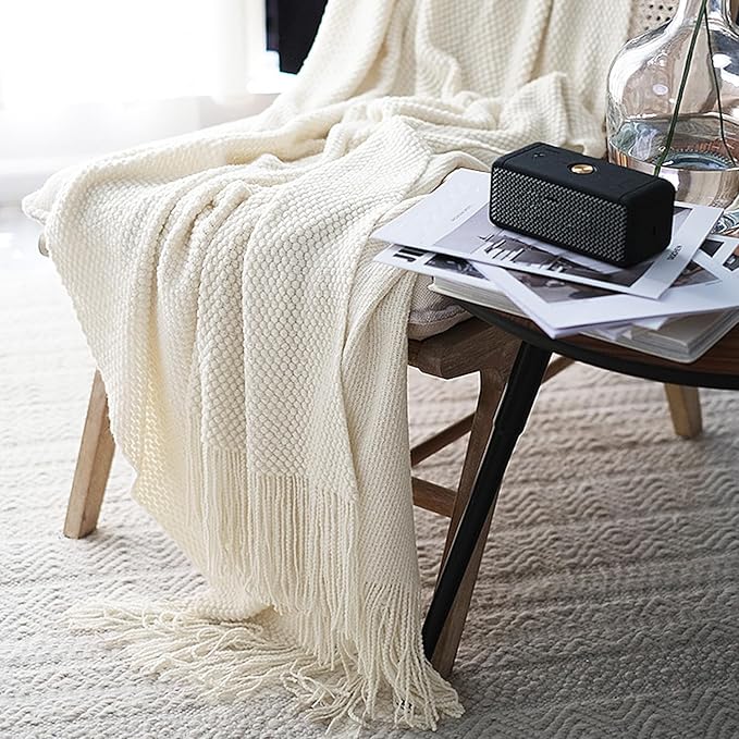 LOMAO Knitted Throw Blanket with Tassels Bubble Textured Lightweight Throws for Couch Cover Home Decor (Cream, 50x60)