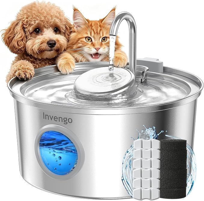 Invengo Cat Water Fountain Stainless Steel, 3.2L/108oz Pet Drinking Fountain for Cats Dogs, Automatic Cat Fountain with 2 Flow Modes, Splash-Proof Bowl, Includes 6 Replacement Filters