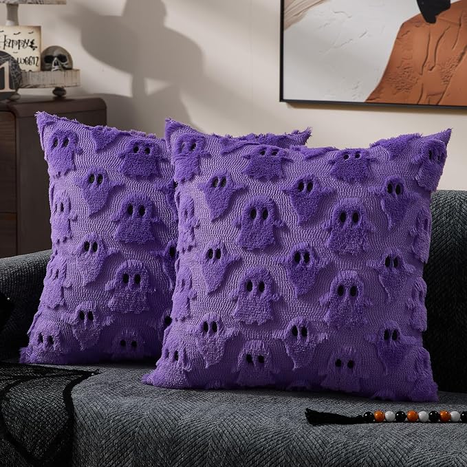 DFXSZ Halloween Pillow Covers 18x18 inch 2Pcs Purple Halloween Decor | Halloween Decorations Set of 2 Throw Pillow Cases Plush Faux Fur Wool Cushion for Chair Sofa Bedroom Living Room Home Decor