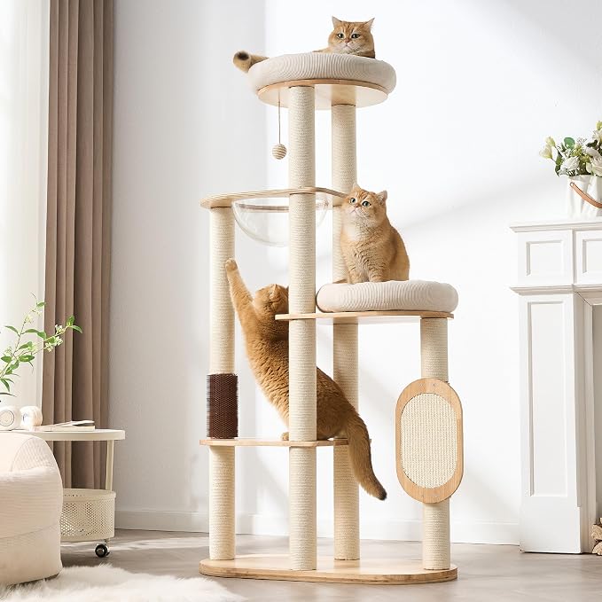 Modern Solid Wood Cat Tree for Indoor Cats Up to 15lbs, 60" Tall & Wide Cat Tower with Scratching Posts, Scratcher & Self-Grooming, Large Cat Beds, Capsule Nest, Multi-Level Cat Furniture