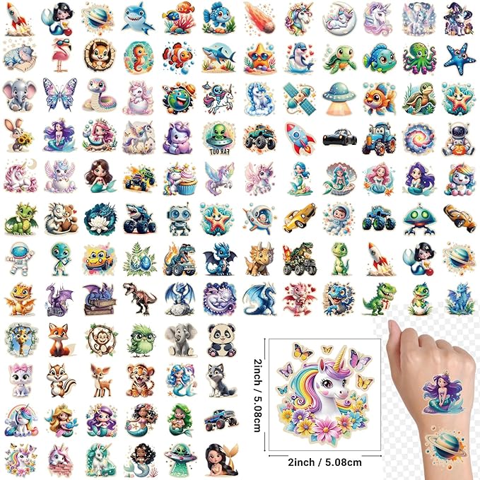 Luminous Temporary Tattoo for Kids, Mixed Styles Glow Fake Tattoos Stickers with Mermaid Truck Racing Car Dinosaur Dolphin Shark Space for Girls Boy Body Arm Party Makeup Supplies Gifts, 117PCS