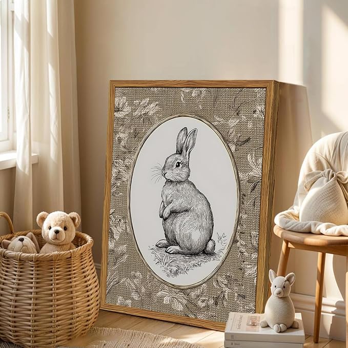 Framed Vintage Rabbit Wall Art, Cute Easter Bunny Pictures Wall Decor, Rustic Farmhouse Animal Paintings Canvas Prints Cottagecore Home Decor for Nursery Living Room Bedroom 16x24 inch