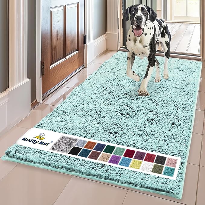 Muddy Mat® | Super Water Absorbent Door Mat Indoor, Microfiber Quick Dry Chenille Entryway Rug, Slip Resistant Front Door Mat,Indoor Mats for Entryway,Machine Washable Pet Rug, Seafoam Green 24"x120"