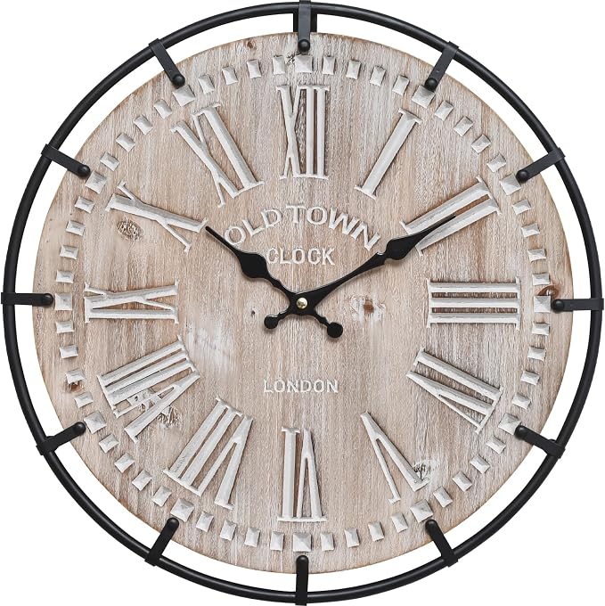 EMAX HOME 12 Inch Farmhouse Wall Clock Rustic Antique Wood with Metal Circle and Large Engraved Numerals, Silent Battery Operated Wall Clock for Office Kitchen Bedroom Living Room