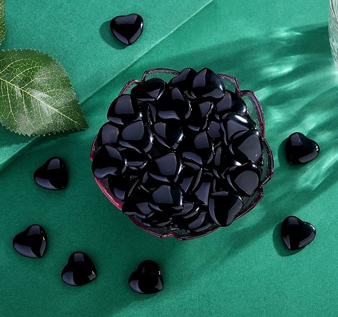 QINJIEJIE 20 PCS Natural Heart Healing Crystals Black Obsidian Polished Stones Pocket Crystal Palm Mini Cute Love Gemstones Set Bulk Wholesale Reiki Energy Balancing Meditation Valentine's Day Gift