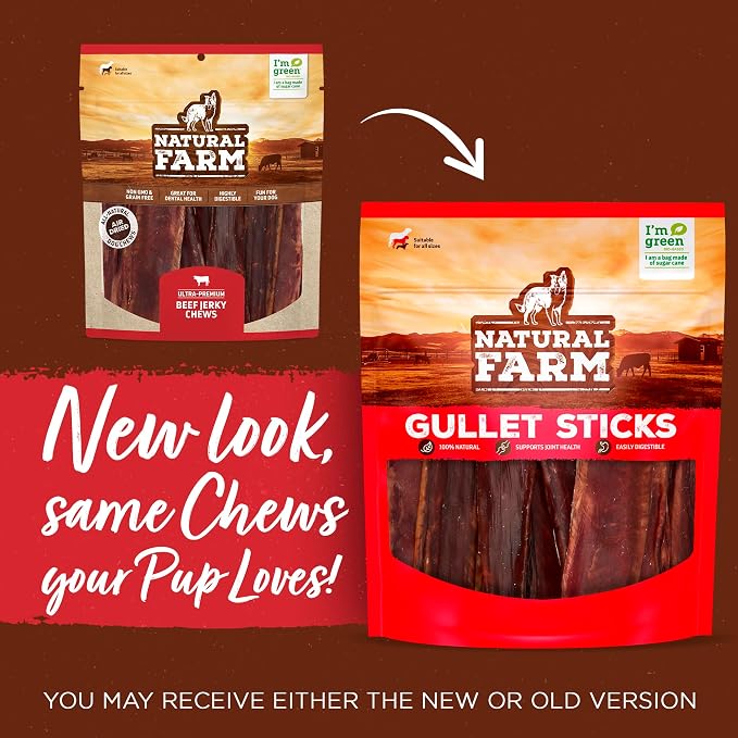 Natural Farm Gullet Sticks Chews for Dogs, 6 Inch (25 Count), Single Ingredient Jerky Esophagus Treats, Rawhide-Free Natural Glucosamine & Chondroitin, Great for Puppies, Seniors & Light Chewers