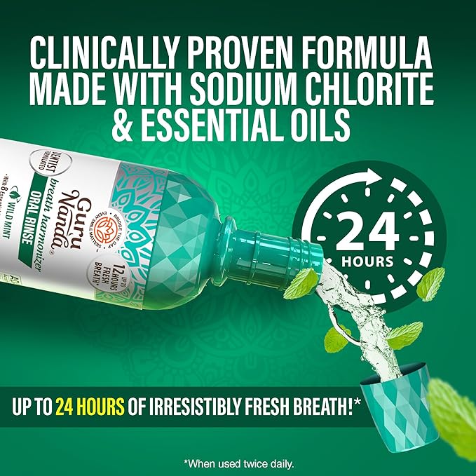 GuruNanda Fresh Breath Mouthwash, ADA-Accepted, Alcohol & Fluoride-Free, Sodium Chlorite, Essential Oils & Vitamins, 12-Hrs Fresh Breath, Wild Mint, 16 oz