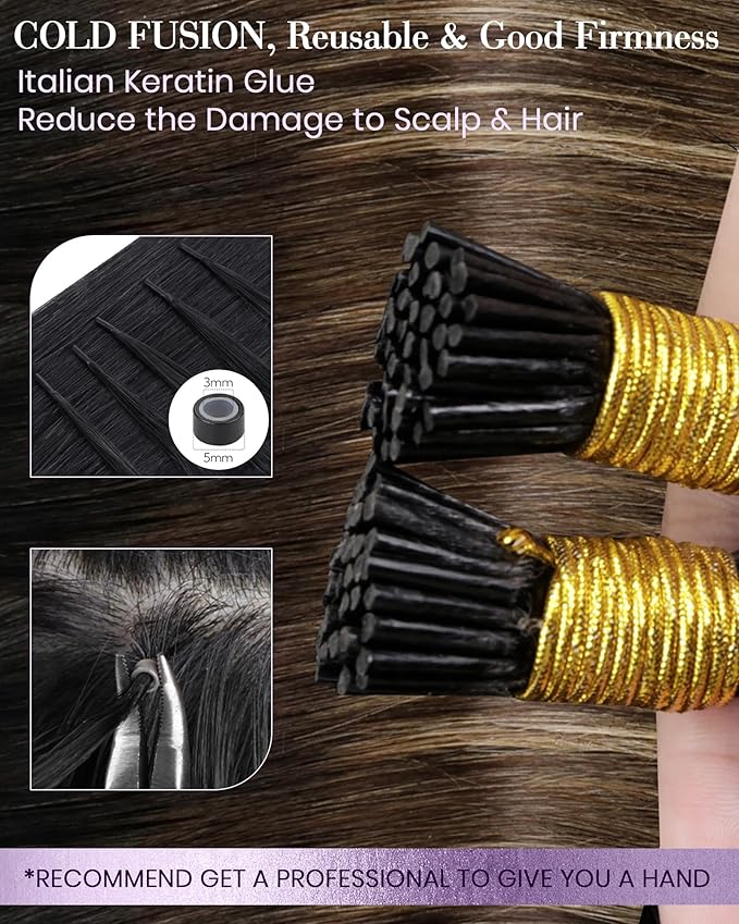 LaaVoo I Tip Hair Extensions Human Hair Itip Human Hair Extensions Silky Straight Balayage Natural Black to Medium Brown Ombre Caramel Brown 16 Inch 50g 60s