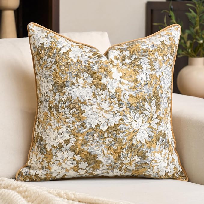 Alerfa Yellow Neutral Floral Pillow Cover 18 x 18 Inch, Vintage Chenille Square Couch Pillow Cover Soft Decorative Farmhouse Accent Pillowcase for Living Room Bedroom