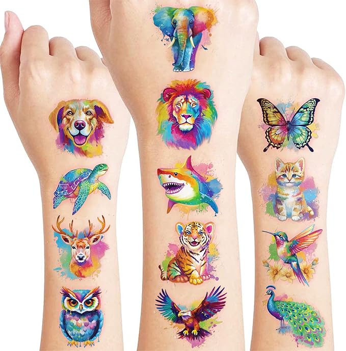 96 PCS Watercolor Animal Pre-Cut Temporary Tattoos for Kids | Super Cute Themed Birthday Party Favors, Supplies, Decorations, Animal Fake Tattoo Stickers, School Rewards Prizes & Gifts Boys & Girls