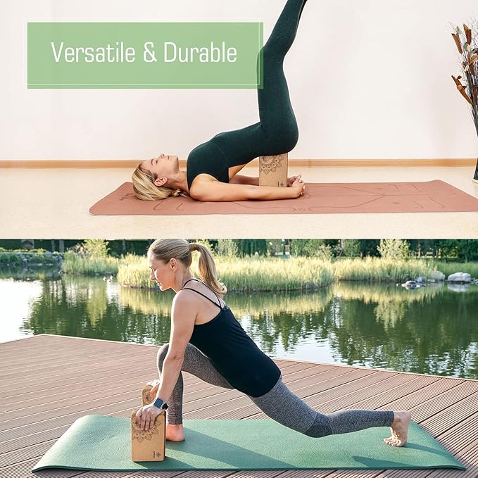 Overmont Cork Yoga Blocks 2 pack with 8ft Strap Natural Cork Bricks | High Density & Eco Friendly Yoga Accessories for Women - Ideal for Yoga Pilates General Fitness and Stretching 9x6x3''