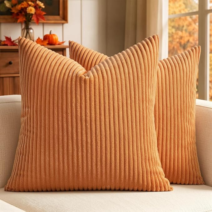 MIULEE Pack of 2 Burnt Orange Pillow Covers 20x20 Inch Soft Striped Corduroy Fall Throw Pillow Covers Set Decorative Square Cushion Cases Pillowcases for Sofa Bedroom Couch | Decorative Striped Textured Cushion Cases, Boho Rustic Square Pillowcases, Ho...