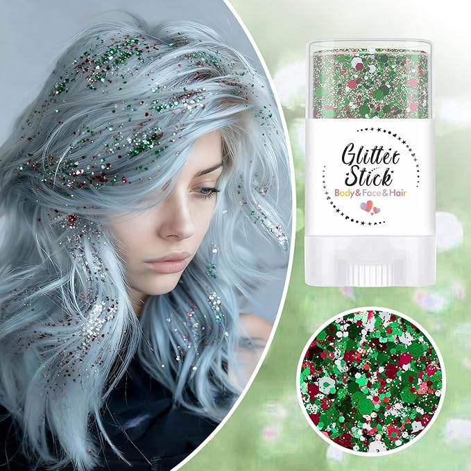 Body Glitter Stick, Neon Outfit Party Holographic Sparkling Sequins Face Paint Mardi Gras Accessories Hair Glitter Gel Makeup. (Red & Green & White)