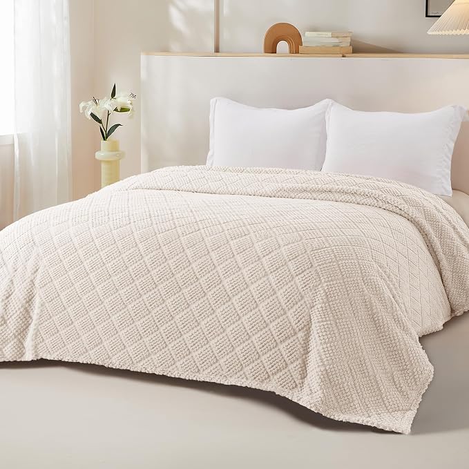 Whale Flotilla Soft Fleece Twin Size Blanket for Bed, Ivory White | Jacquard Waffle Blankets for Home Decor, Lightweight and Cozy, All Season Suitable, 60x80 Inch