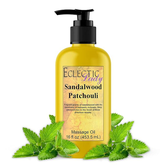 Sandalwood Patchouli Massage Oil, Sweet Almond & Jojoba Oil, 16 oz